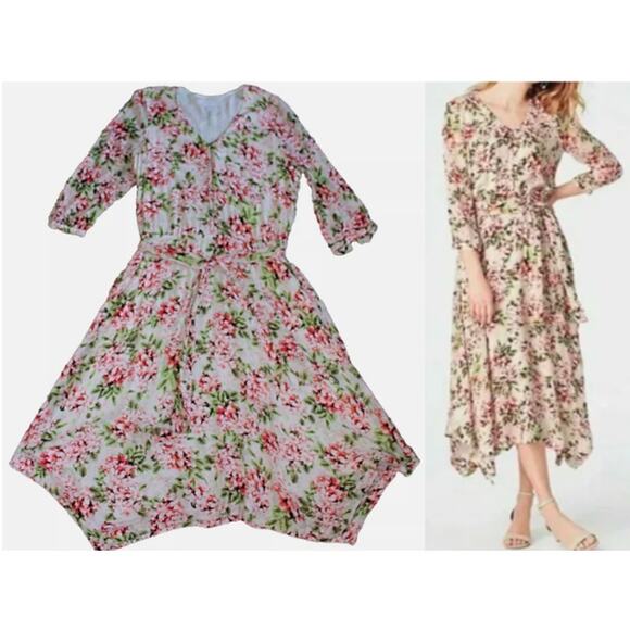 J. Jill Pebble Hydrangea Floral Print Asymmetrical Hem Tie Waist Midi Dress M - Picture 1 of 9